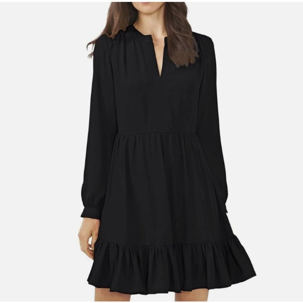 Vince Camuto Womens Ruched Flounce Dress, Black, Size Small Sheer Long Sleeves
